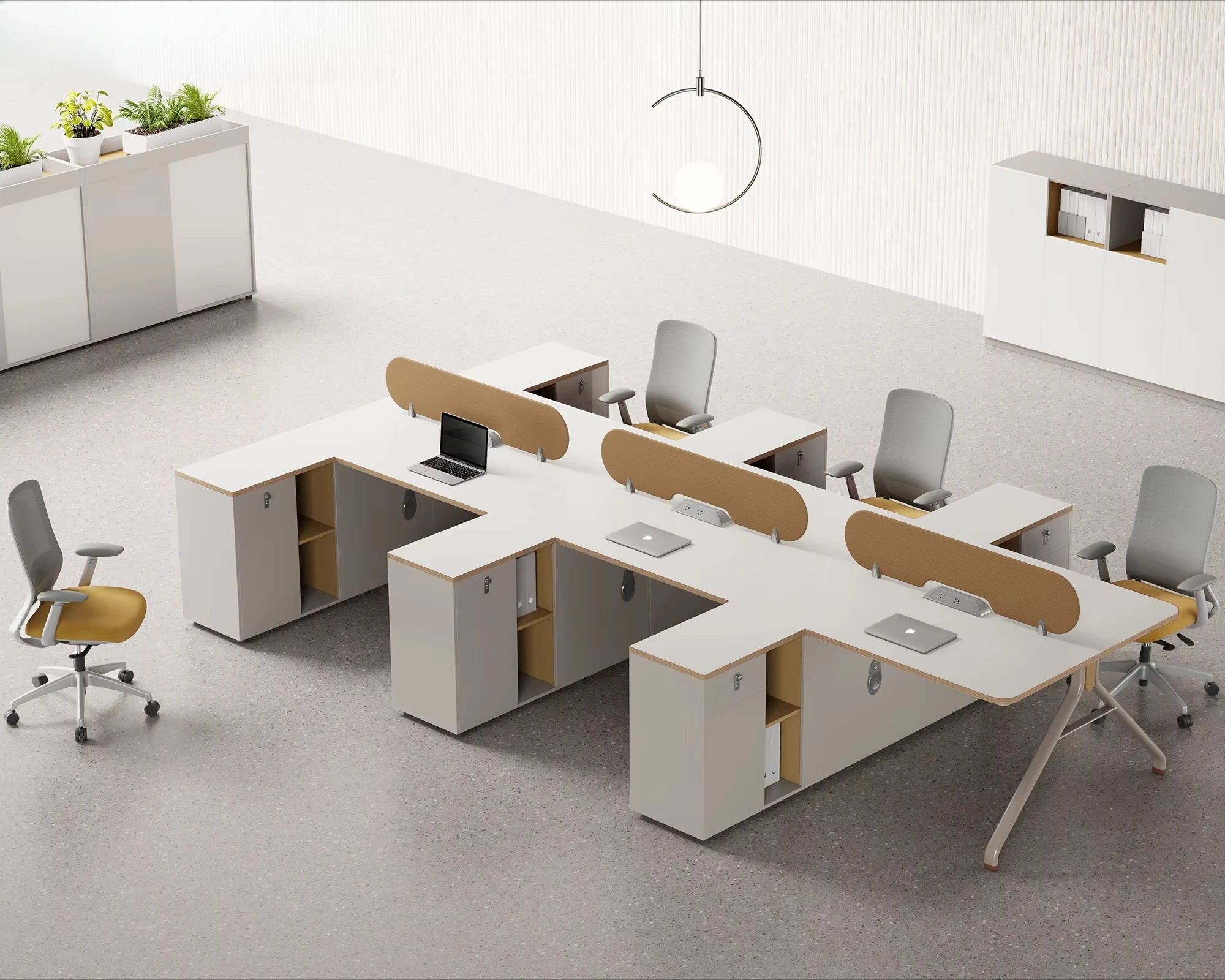 Modern 6-Person Office Workstation, Melamine Desk with Side Storage Cabinet, Privacy Screen, Modular Staff Partition Table