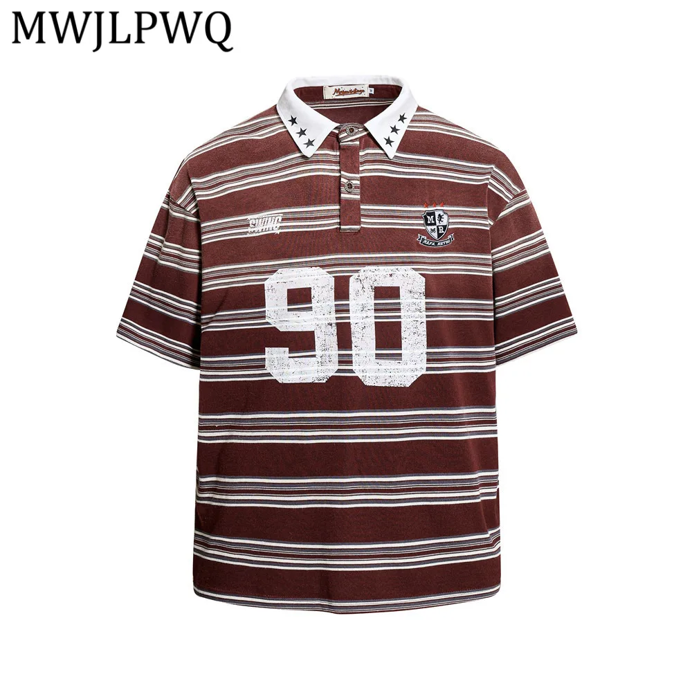 

MWJLPWQ Burgundy Striped Short Sleeve Polo Shirt For Men 90 Number Print Star Collar Loose Fit Casual Vintage Top Chic 15438