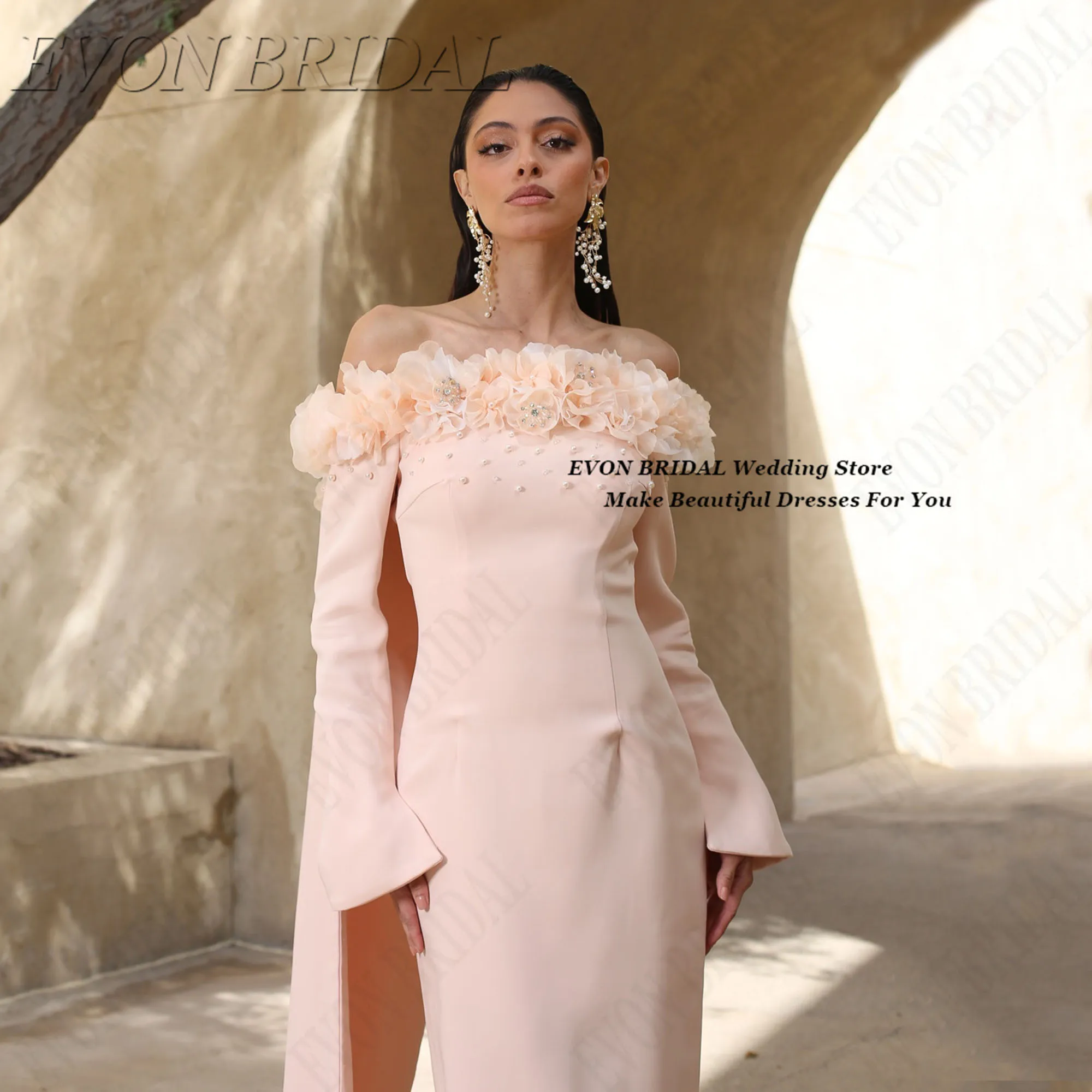 Abiti da sera con fiori in jersey Scollo a barca Maniche lunghe Abiti da festa personalizzati con mantello Abiti da ballo a sirena Dubai EVON BRIDAL