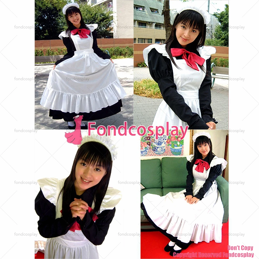 

fondcosplay adult sexy cross dressing sissy maid long black Cotton Lockable Dress Uniform white apron Costume CD/TV[G1251]