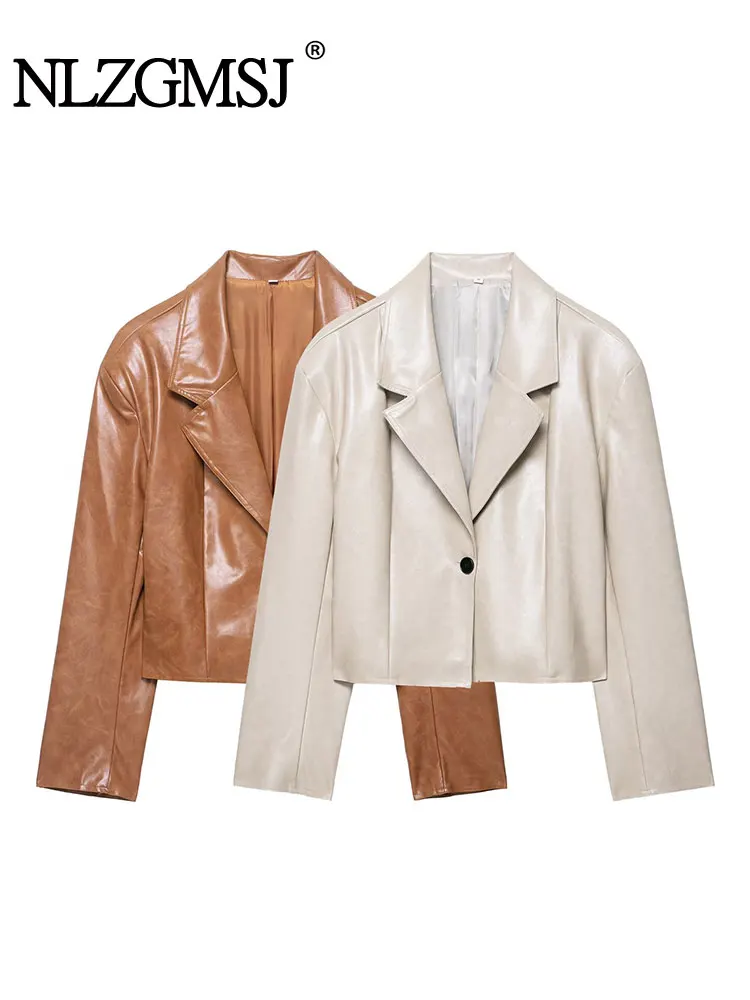

NLZGMSJ женская винтажная короткая куртка из искусственной кожи с свободными лацканами, большие куртки на плечах с подкладкой, женская модная женская осенняя уличная одежда
