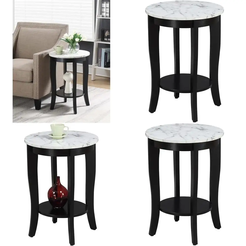 

Classic White Marble-Look Round Dining Table with Black Accents