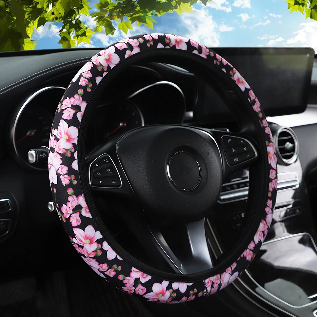Kirschblüten- und Sonnenblumen-bedrucktes Tauchmaterial, Auto, randloser Lenkradbezug, Geister-Dekorationsstoff für Frauen – Detail 6