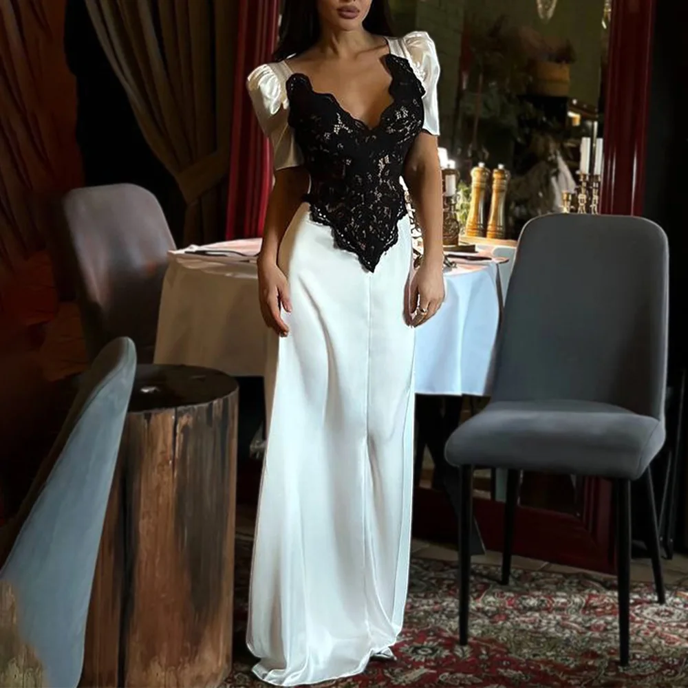 

Absobe Women's Satin Elegant Maxi Dress Sexy V-Neck Lace Patchwork Contrasted Princess Sleeves Slim Long Dress Evening Partywear