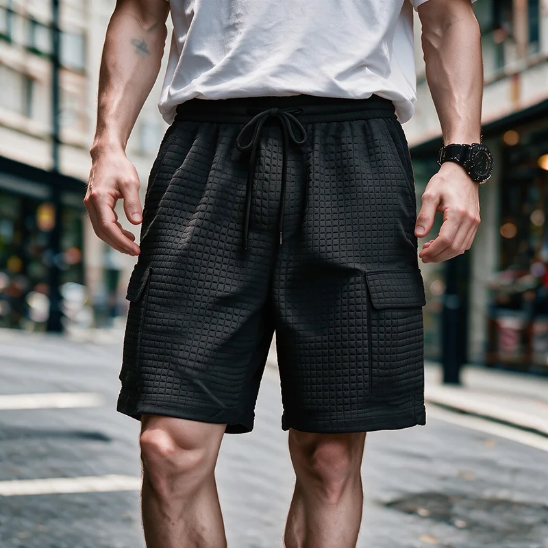 Men Waffle Knit Cargo Shorts Drawstring Elastic Waist Loose Fit Versatile Daily Street Vacation Leisure Summer Trousers
