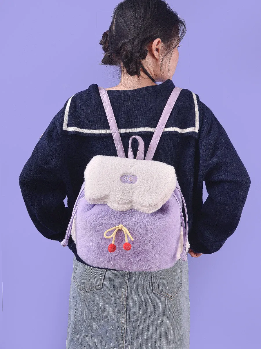 2026 New Original Cute Taro Cake Plush Backpack Women Lovely Purple Cherry Decor Drawstring Backpack Lolita Girls' Bag