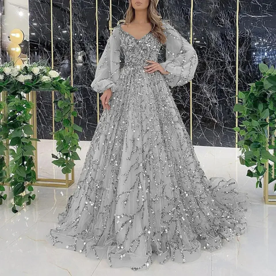 French Vinatge Evening Party Long Dresses Sequin Women A-line Princess Dress Lantern Sleeve Spring Summer Robe Prom Halloween