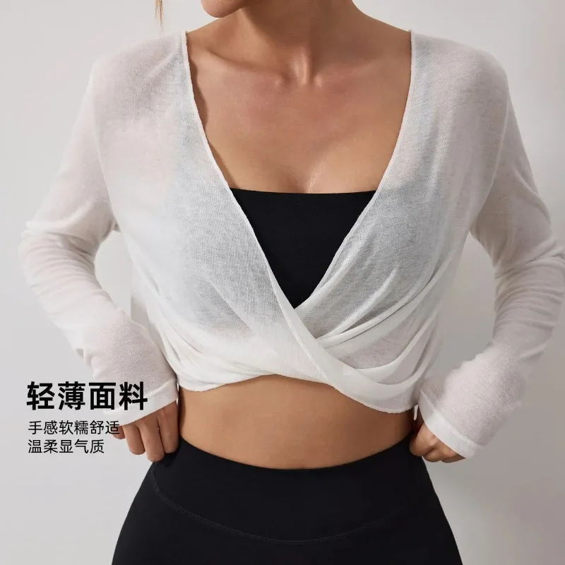 Women Deep V Twist Front Sheer Long Sleeve Cover Up Thin Sun Protection Layering Top For Summer