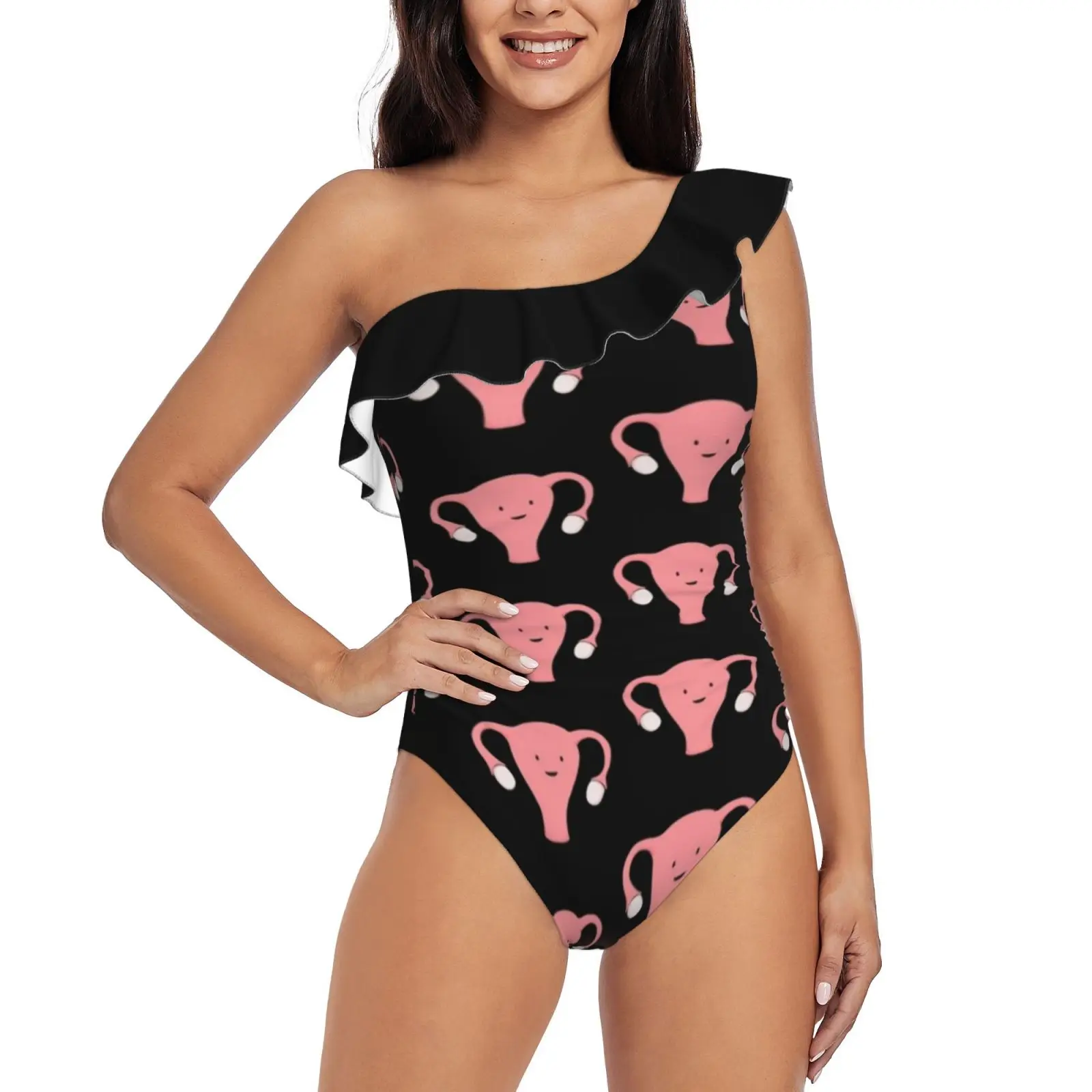 

Patterned Happy Uterus In Black One Shoulder Ruffle Swimsuit Print Swimwear Female One Piece Monokini Bathing Suit Uterus Womb