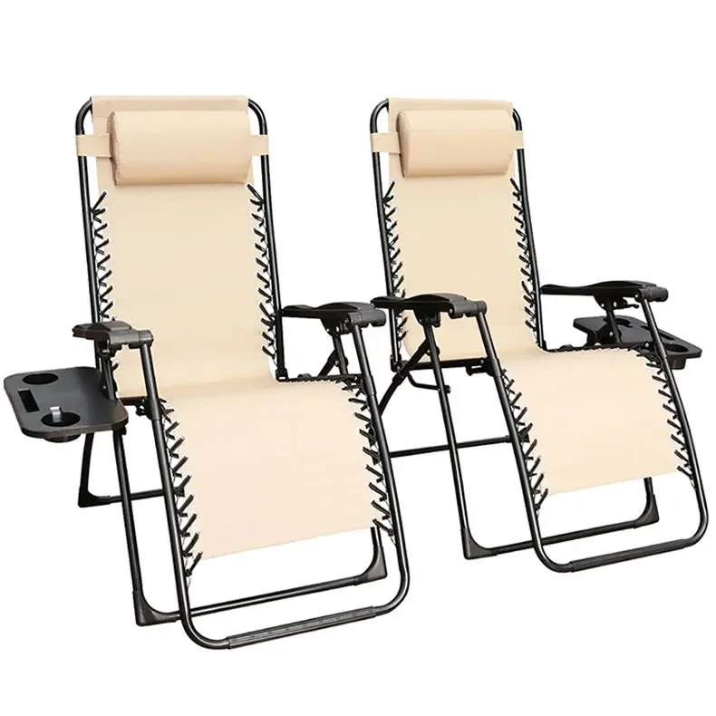 Juego de 2 sillas reclinables plegables de gravedad cero para tumbona de playa al aire libre con mesa auxiliar de almohada para patio de jardín D861