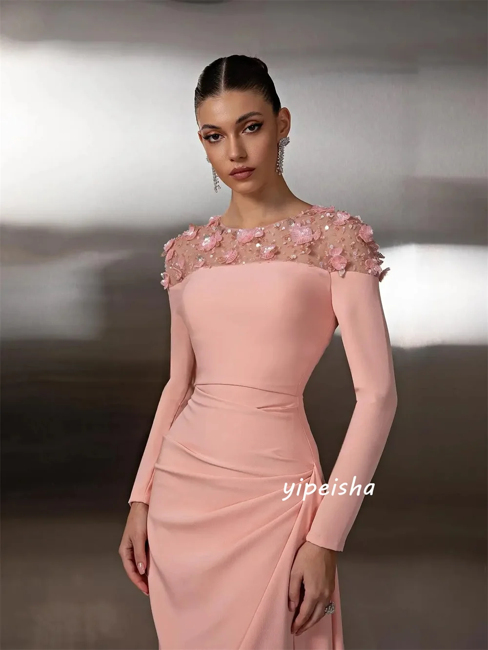 Customized Intricate Luxury Jersey Handmade Flower Beading Sequined Mermaid High Collar Long Dresses Evening Dresses