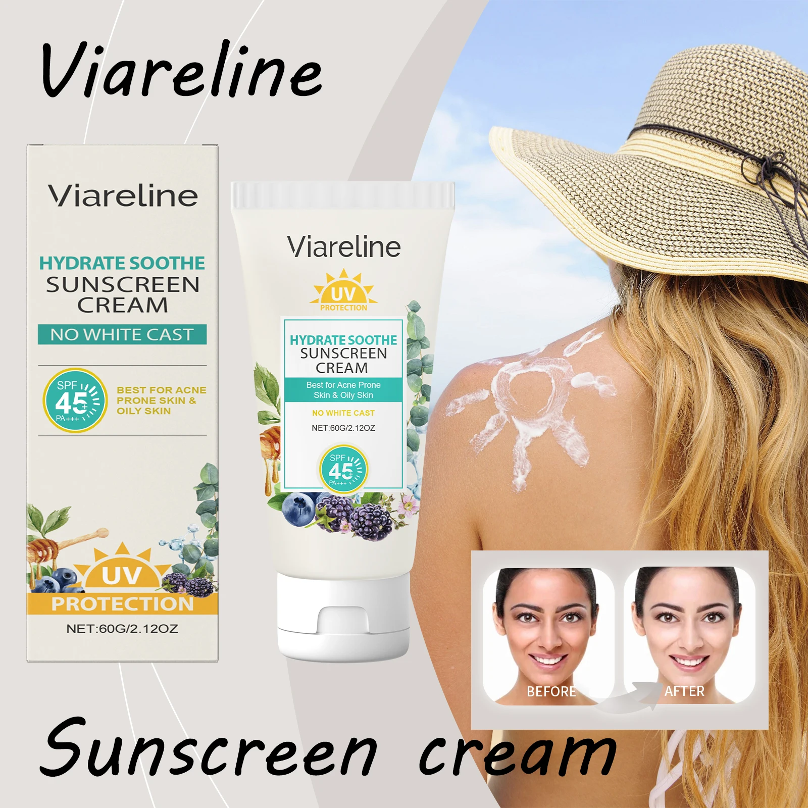 

Viareline Body Sunscreen Cream Prevent UV Refreshing Moisturizing Skin Non-greasy Enhance Smoothness Soothing Sunblock Cream