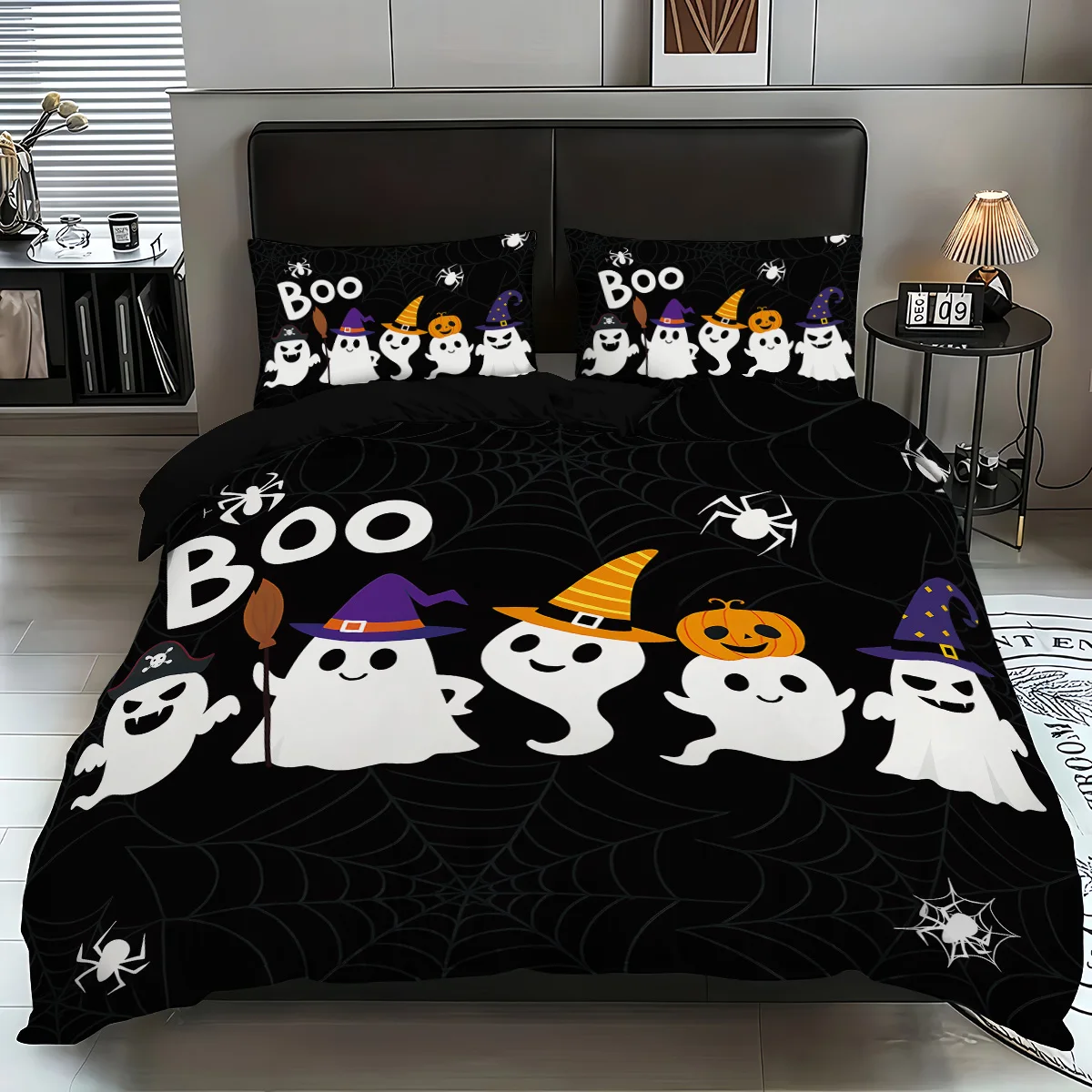 3-piece Halloween themed black cute ghost pumpkin pattern duvet cover set, 1 duvet cover+2 pillowcases, coreless