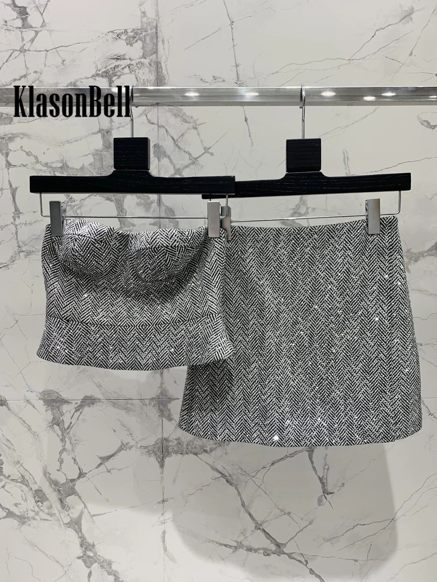 3.13 KlasonBell Fashion Diamonds Herringbone Worsted Wool Set Single Breasted Sashes Coat Or Strapless Camis Or Skirt Or Shorts