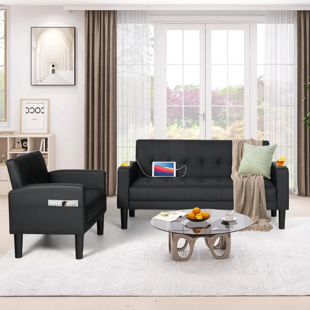 2-delige woonkamer bankstel loveseat banken sets met 2 usb, bekerhouders, zijvak, modern leer 2-delige sectionele bank cha