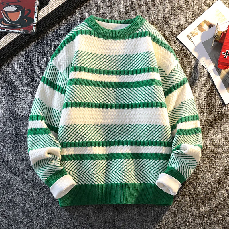 

Мужской вязаный свитер с круглым вырезом и цветными полосками, теплый зимний пуловер из полиэстера, с длинными рукавами, повседневный, модный