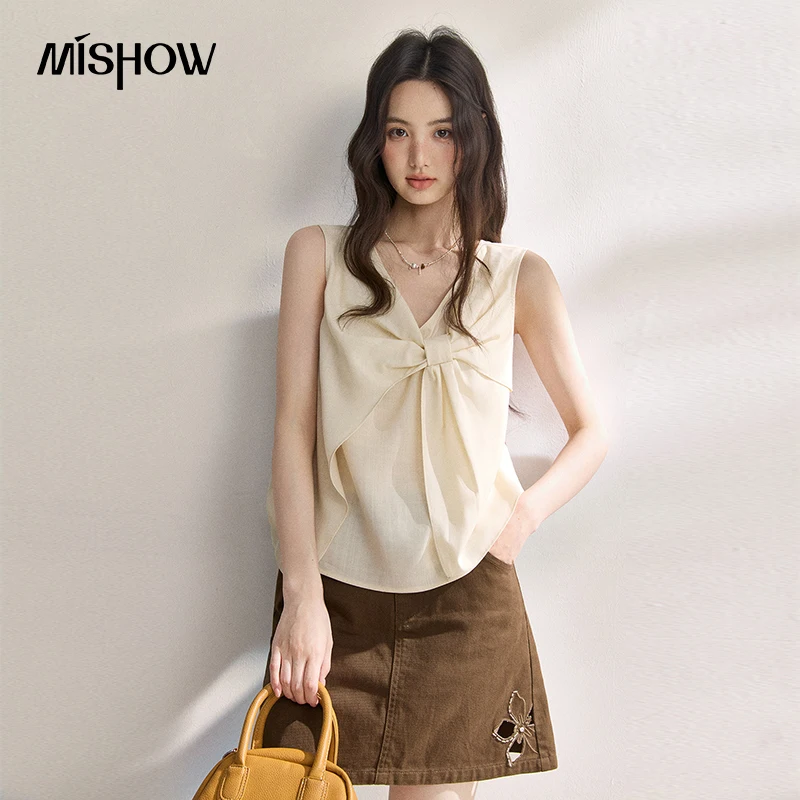 เสื้อกล้าม MISHOW Lyocell โบว์ V-Neck แขนกุด 2 ชั้น - close-up view