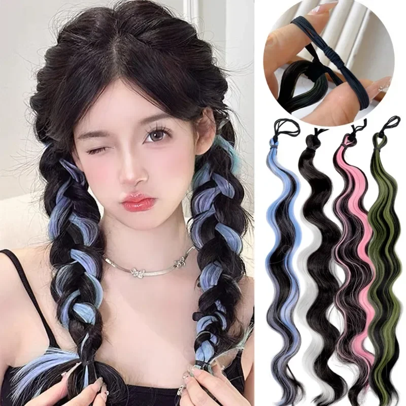 1/2Pcs Synthetic Color Wig Women Simulation Highlights Hairpiece Fashion Elastic Band Blue Ponytail DIY Hair Style Accessories