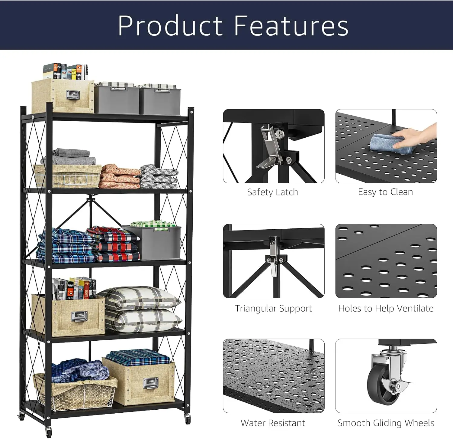 رف تخزين قابل للطي مكون من 5 طبقات بعجلات - عرض وحدة رفوف معدنية قابلة للطي، عربة دوارة لمطبخ الكتب