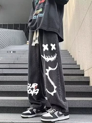 Printed Black Baggy Jeans Pants Men Straight Oversize Graphic Casual Wide leg Denim Long Trousers Korean Drawstring Sweatpants