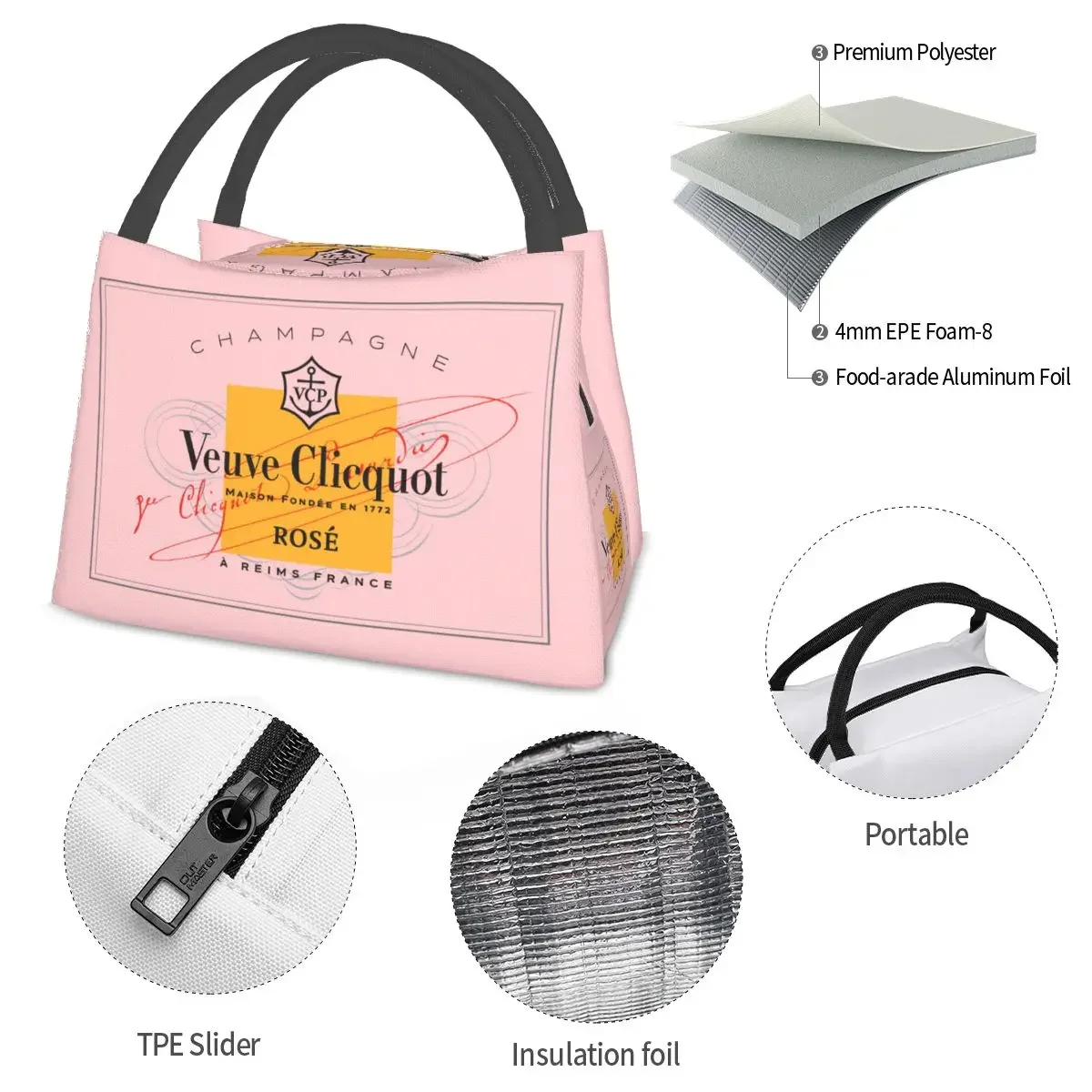 Custom V-Veuvs C-Clicquots Lunch Bag Fashion Portable Zipper Lunch Box Picnic Cooler Bag Fashion Oxford Thermal Tote Handbags