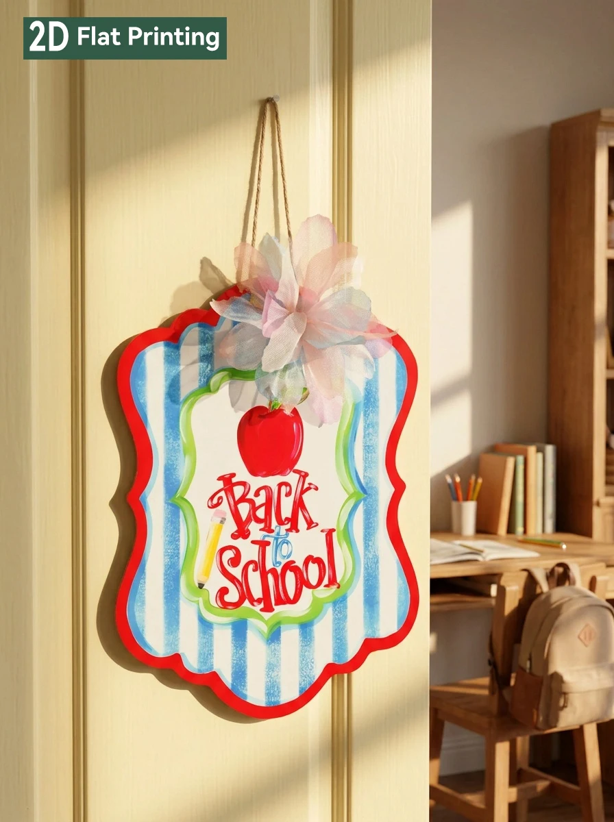 Back to School Door Hanger Sign Apple Pencil Pattern Tulle Bow Wall Hanging Plaque  Classroom & Home Welcome Ornament Door Decor
