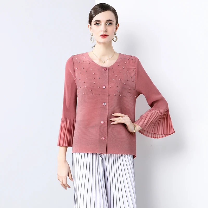 

Spring Summer ort Loose Women's Jaet 2025 Elastic Beaded Bell Sve Pleated T-irt Commute Sle Regular Thin