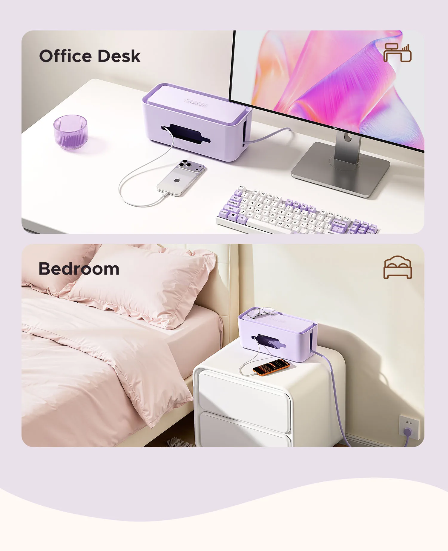 ORICO PowerBox Power Strip Storage Box with Phone Holder, Dustproof Desktop Cable Management Box ABS Wire Organizer for Home Off