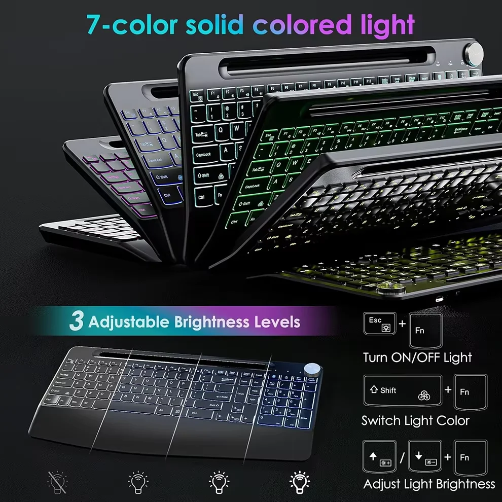 Teclado retroiluminado de 7 colores con ranura y reposamuñecas, perilla de volumen, conjunto de teclado y mouse, teclado recargable de tamaño completo.