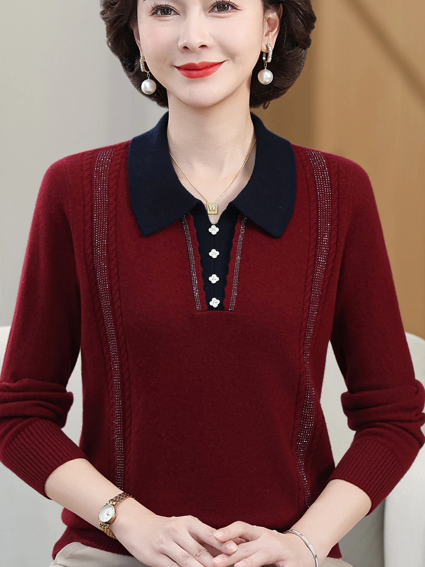 

Шикарный вязаный свитер с длинным светом и воротником, шерстяной базовый топ для женщин среднего возраста и ли, модный рукав для поездок на работу