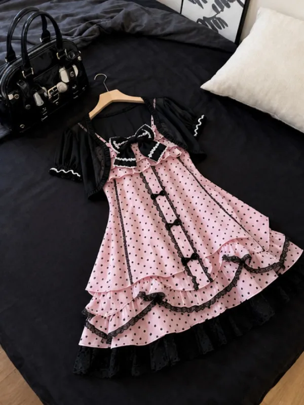Kimotimo Apanese Vintage Bow Polka Dot Dress Short Sleeve Cardigan Set Women Sweet Lolita 2 Piece Outfit Casual Summer Dress Set