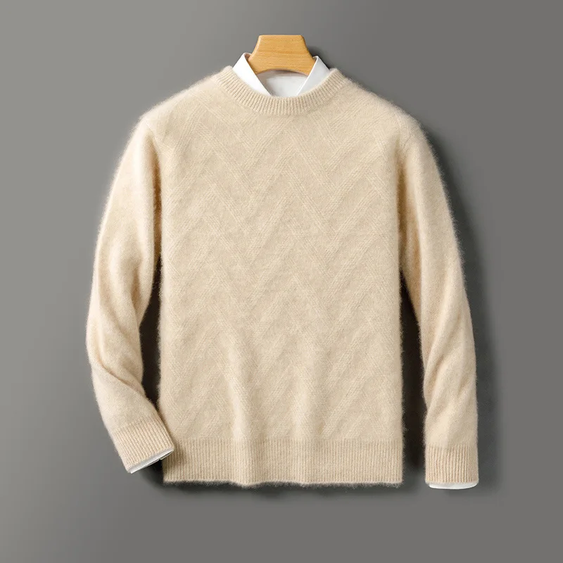 100% Pure Wool Pullover Sweater Men's Round Neck Jacquard Loose Business Casual Cashmere Knit Bottoming Shirt