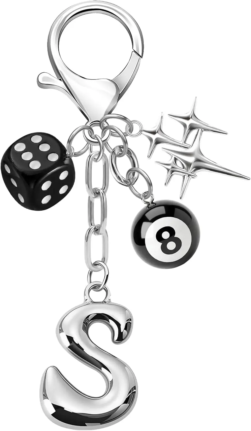 

Y2K 8 Ball Dice Keychain Bubble Letter A-Z Silver Star Gothic Bag Charm for Women