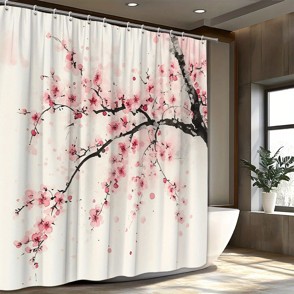 

1 Japanese Ukiyoe Shower Curtain - Elegant Sakura Floral Bathroom Decor with Pink Cherry Blossoms, Perfect for Modern Bathrooms