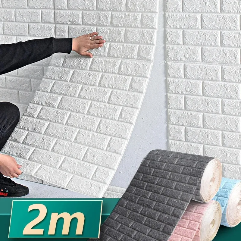 2m Long 3D Brick Wall Stickers DIY Decor Self-Adhesive Waterproof Wallpaper For Kids Room Bedroom Kitchen Home Wall Decor