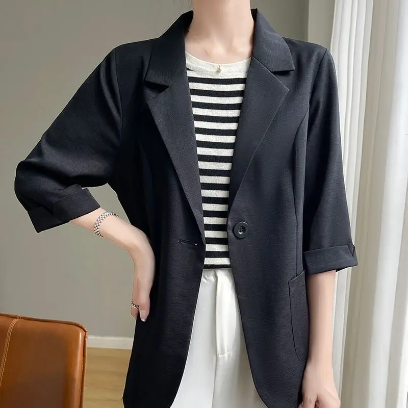 Elegant Lapel Splicedกระเป๋าAll-Match Blazerเสื้อผ้าผู้หญิง 2025 ฤดูร้อนใหม่หลวมสีทึบเกาหลีเสื้อลําลองblazer