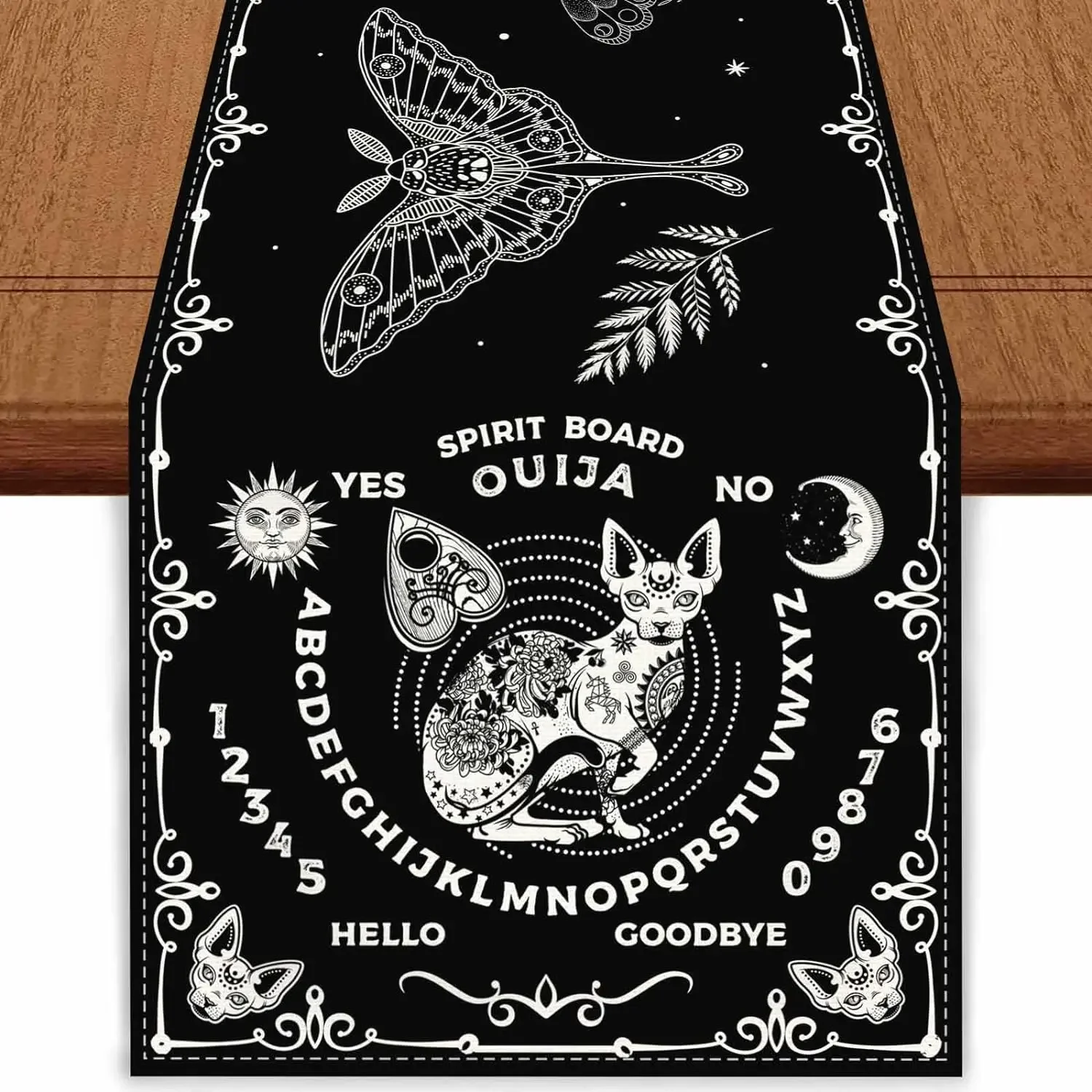 1Pc Ouija Spirit Board Table Runner Black Moth Cat Alphabet Print Table Cover For Home Party Dining Table Decoration Tabletop De