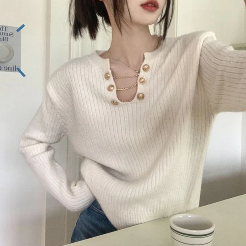 

Korean Style Original Design V-neck Solid Color Long Sleeved Knitted Sweater 2024 Autumn New Fashion Casual Popular Women's Top