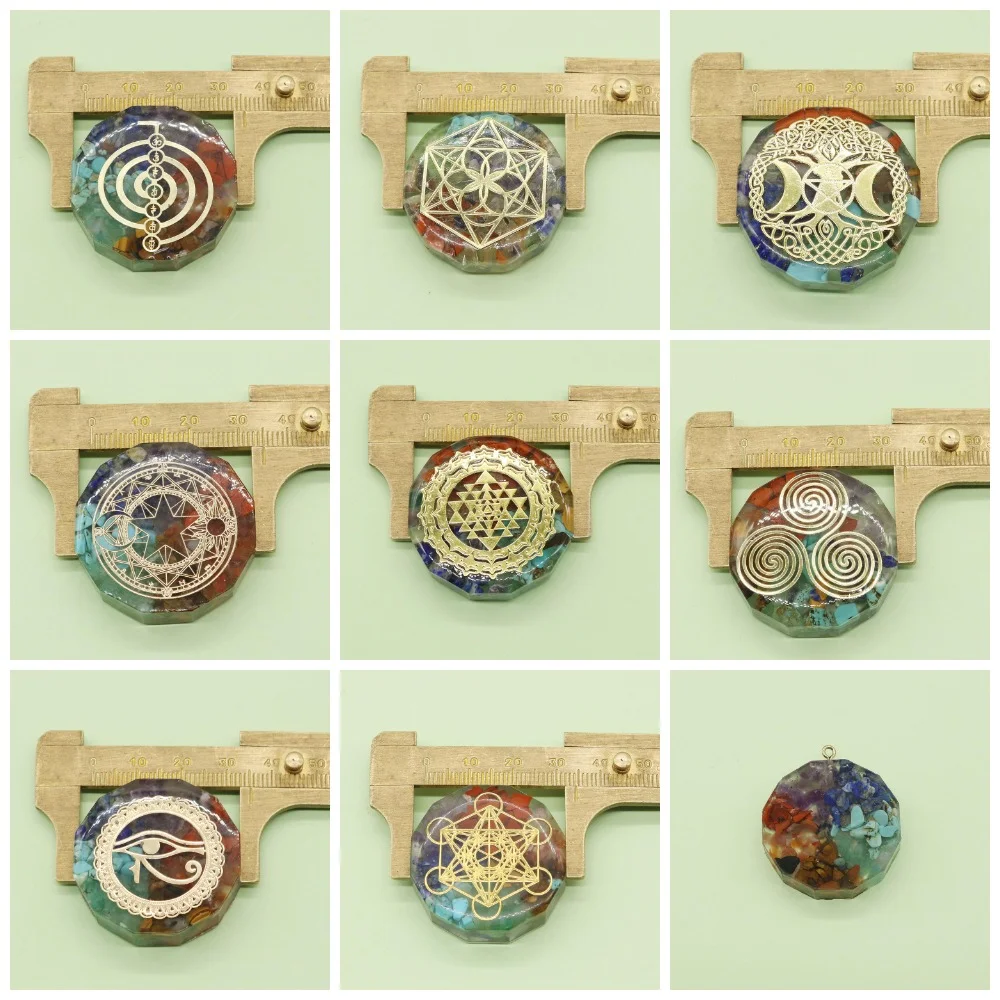 

8 Styles Natural Stone Crush Stone Resin Pendants Golden-color Seven Chakras Pattern Charms DIY Necklace Jewelry Component 1 Pc