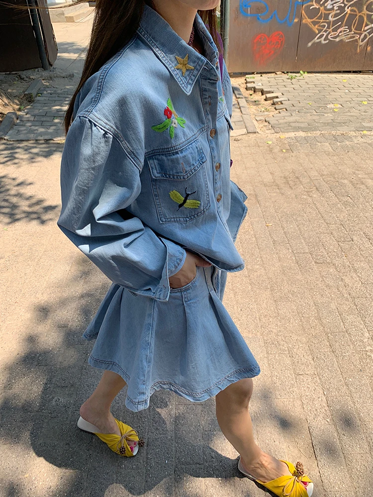 

Faionable High-Rise Denim Set Women's Two-Piece Suit Cotton Long Sve Jeans Jaet And Skirt Ensemble for Younger Women