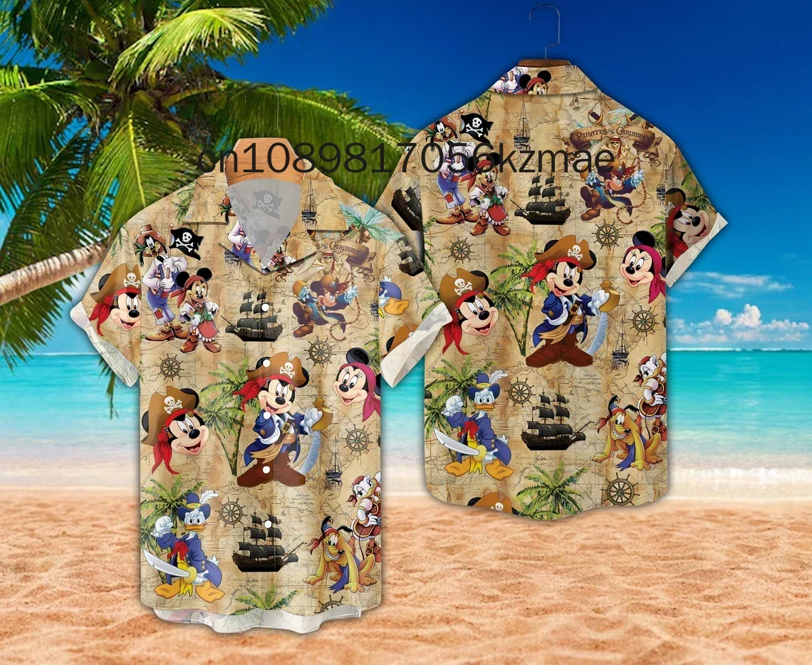 Mickey Pirates of the Caribbean Hawaiian Shirts for Men\'s Disney Cruise Line Hawaiian Shirts Casual Beach Short Sleeve Shirts