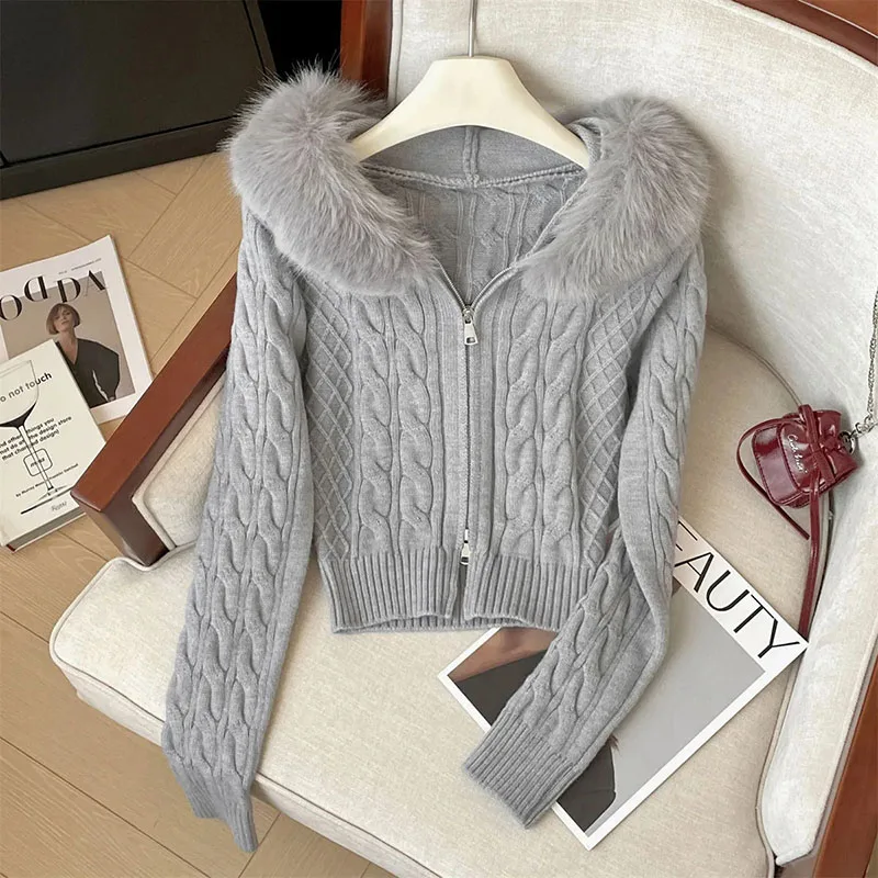 

Твист-текстура, модный вязаный кардиган с меховым воротником и капюшоном, женский зимний новый дизайн, непринужденный тонкий повседневный свитер с джокером, женское пальто, топы
