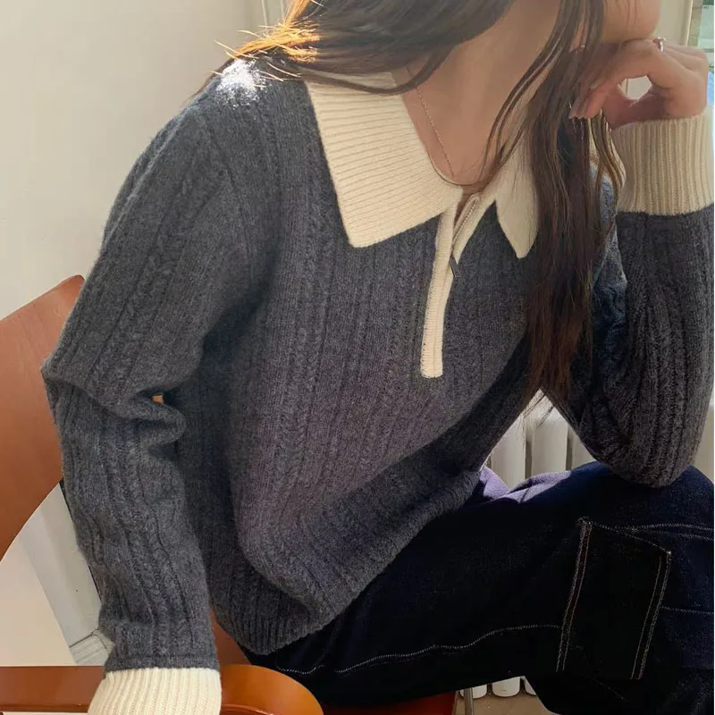 تريكو البلوزات محبوك سترة المرأة البلوفرات الحلو جديد كم طويل رفض طوق متماسكة سترة البلوز المرأة بلايز Q2048