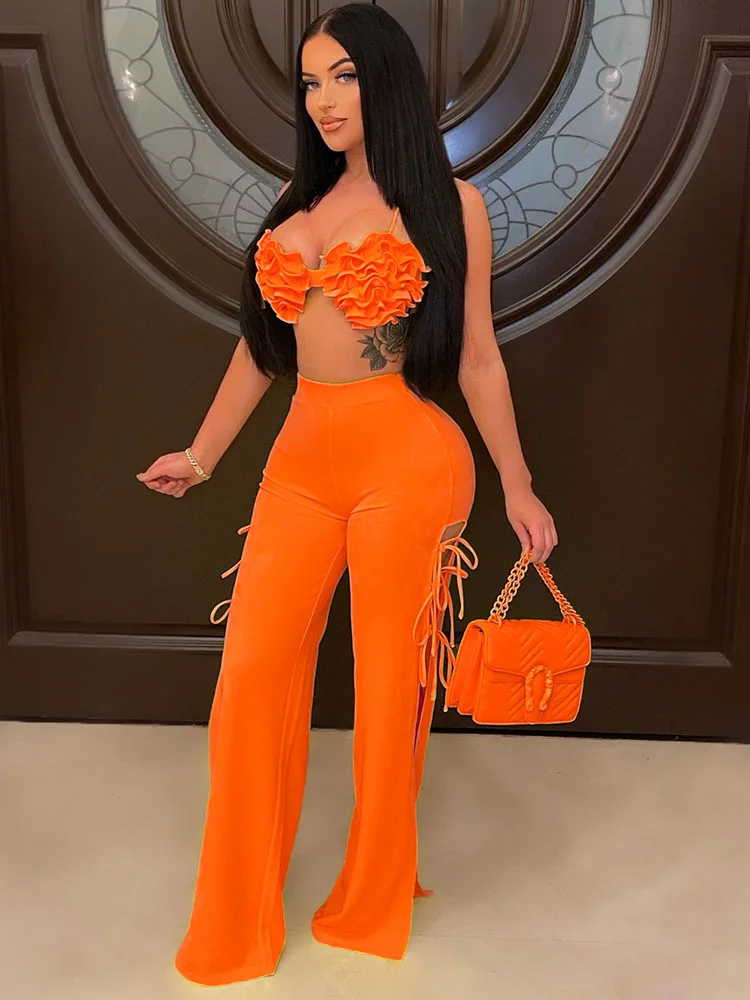 2022 Summer Women 2 Piece Set Floral Bra Tops and High Side Split Lace Up Wide Leg Pants Set Sweatsuit Tracksuit Outfits