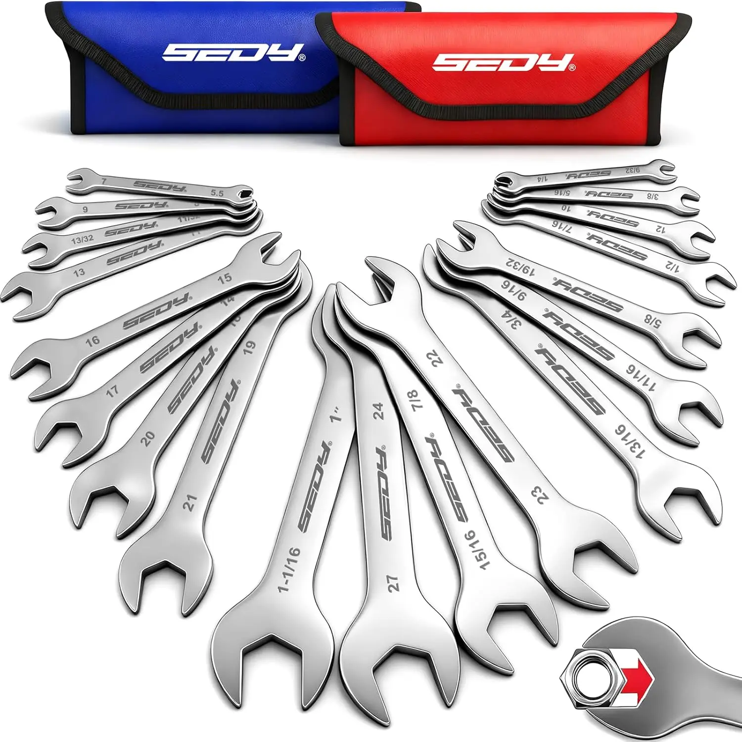 

19-Piece Super Thin Open-End Wrench Set, SAE 1/4"-1-1/16" & Metric 5.5–27 mm, Slim for Tight Spaces with Storage Pouch