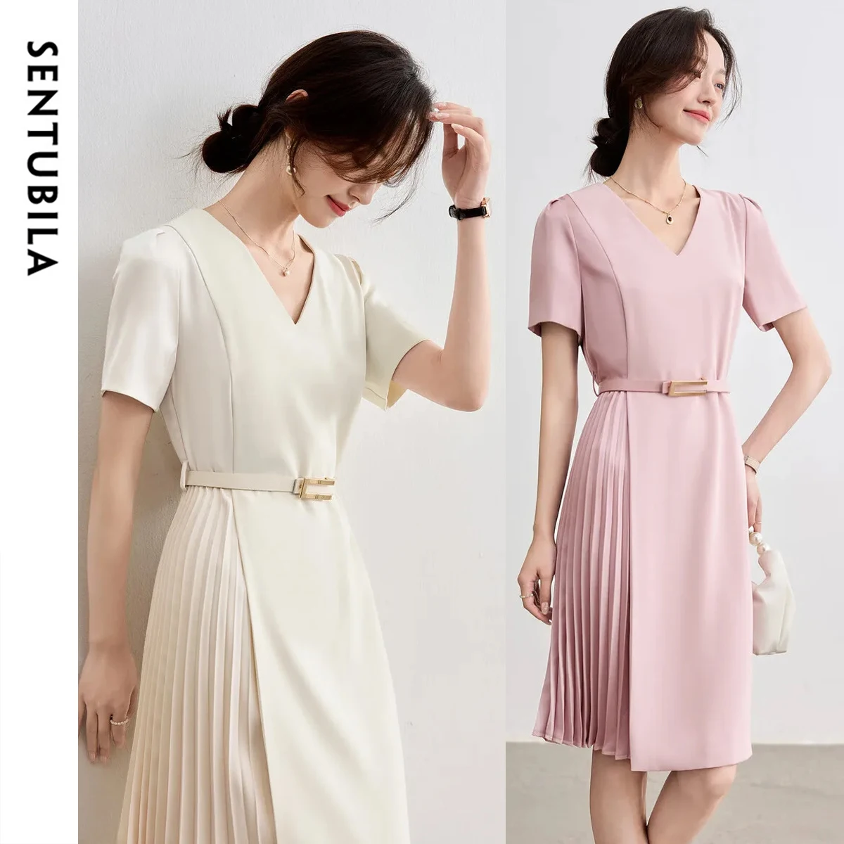

SENTUBILA Elegant Summer Dresses 2025 Woman Pleated Splicing V-neck Dress Metal Buckle Belt Straight Ladies Clothes 152LR2295