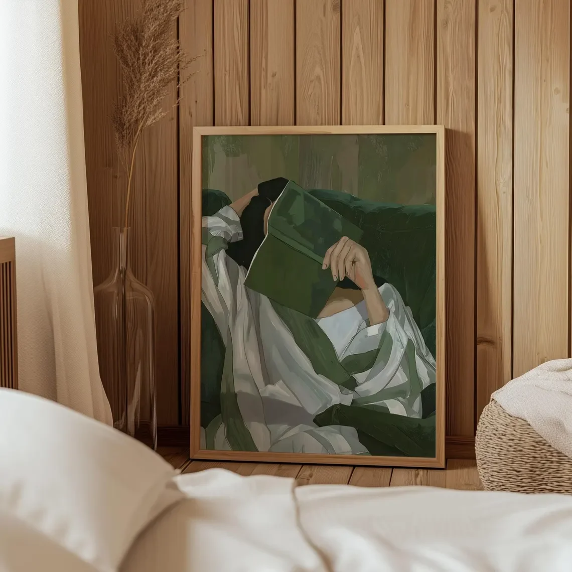 Emerald Green Reading Woman Wall Art Large Abstract People Poster Cozy Striped Art Portrait Minimalist Contemporary Digital Down