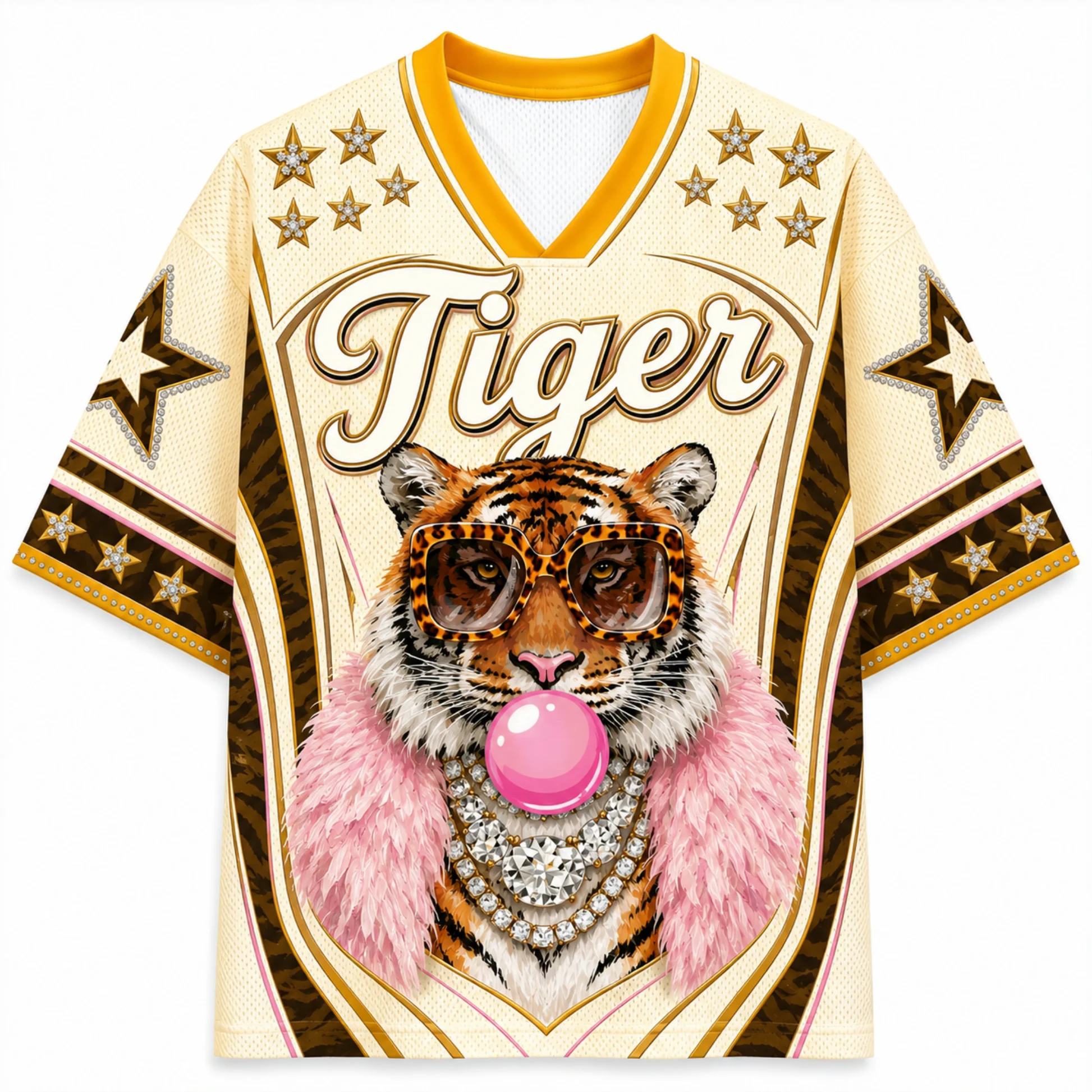Women Fashion Cool Tiger Star Number 00 Print V Neck Jersey Leopard Trim Short Sleeve Retro Hip Hop Streetwear Sports Top