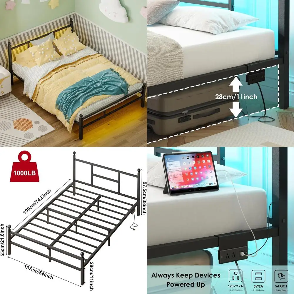 

Full-Size Metal Bed Frame with Built-In Charging Station and Outlet
