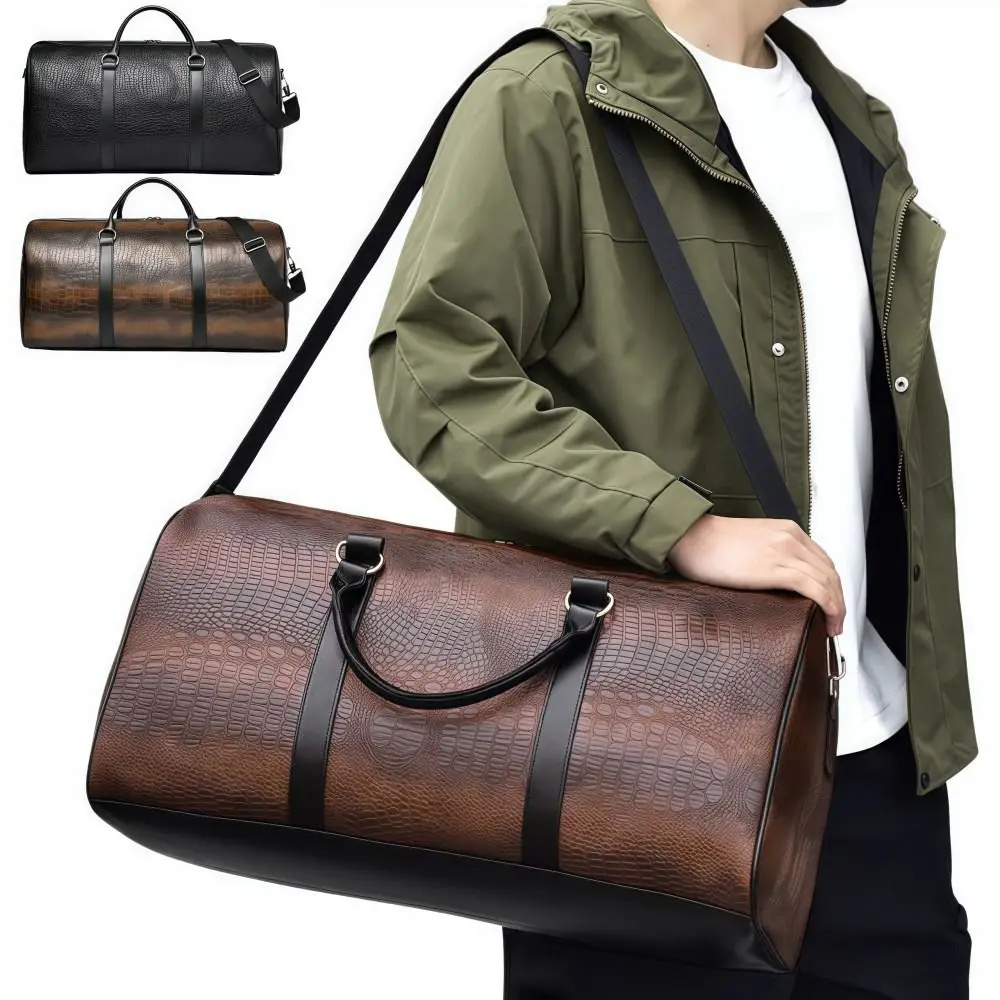 

Crocodile-Textured Travel Duffel Bag Retro PU Leather Vacation Luggage Large Capacity Durable Business Trip Handbag Men Women
